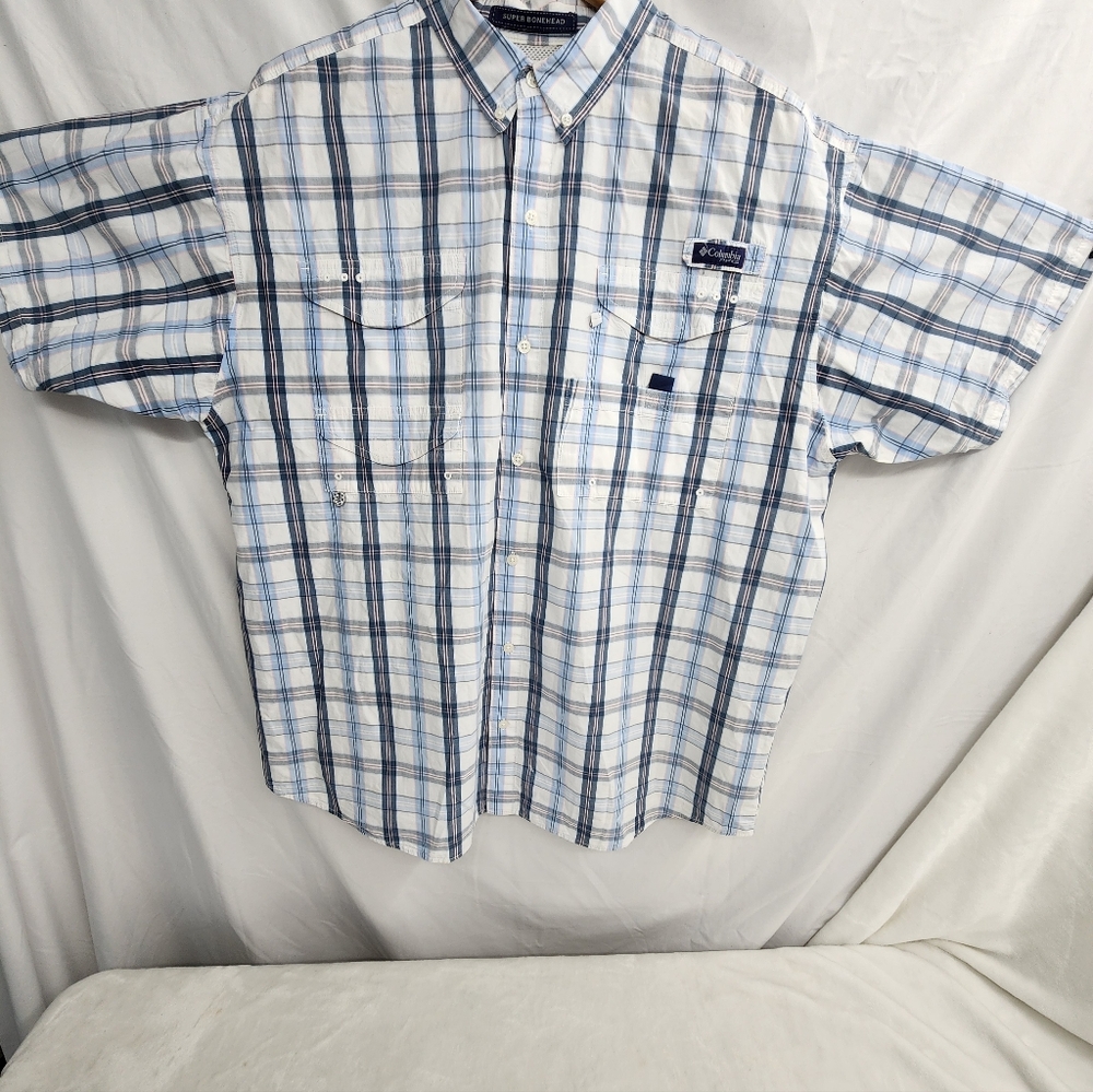 Columbia PFG Super Bonehead Shirt Men's XL Blue Plaid Button Down Vented